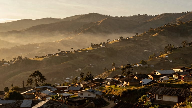 Vista panorámica de un valle andino colombiano al amanecer, neblina suave sobre las montañas, colores cálidos y terrosos, estilo documental.