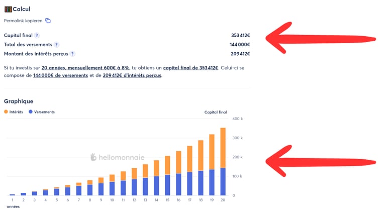 Résultat d'un investissement diversifié sur 20 ans
