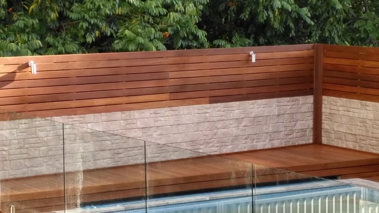 vinyl cladding below timber slatted screen