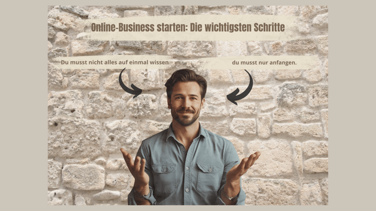 Motivierendes Bild Online-Business starten: lächelnder Mann vor Steinwand mit Hinweis ‚Du musst nicht alles wissen – du musst