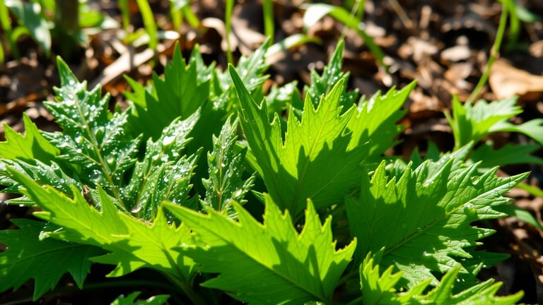 A close-up view of vibrant dandelion leaves with dew drops glistening in the sunlight.