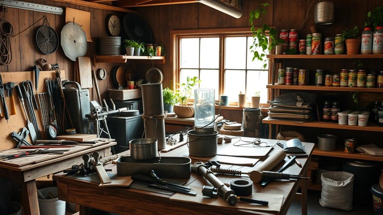 rustic workshop filled with various diy survival projects