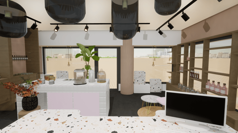 Le commerce transformé avec un comptoir terrazzo devant les vitrines du magasin