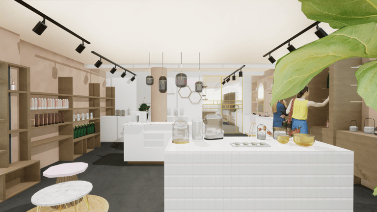 Projet d'aménagement de la boutique Cozybee avec mobiliers sur-mesure et éclairages