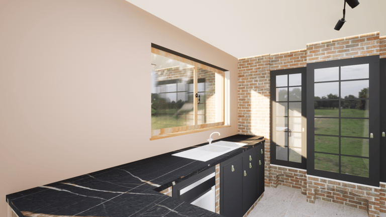 Cuisine après conception avec mur beige/orangé,plans de travail marbre noir et meuble bas anthracite