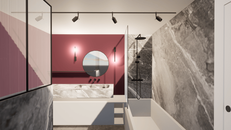 Salle de bain après transformation avec un mur bordeaux et de carrelage effet marbre gris