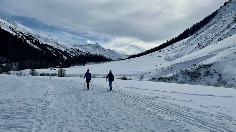 two people cross country skiing in the mountains