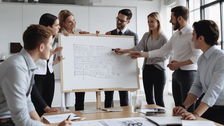 A modern workspace with a focus on technology. In the foreground, there is a black laptop with a distinctive logo placed on a table beside a smartphone propped on a stand. A man is sitting in the background, also using a similar laptop. The setting is minimalistic with a combination of white furniture and a textured brick wall.