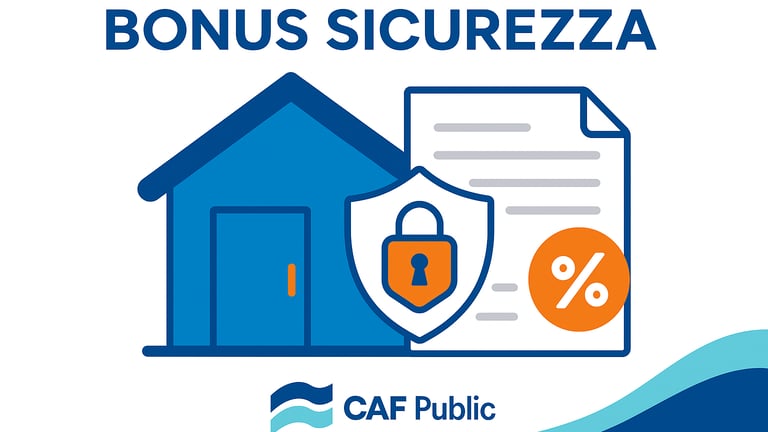 casa protetta con uno scudo e un lucchetto, accanto a un documento fiscale con un simbolo arancione. 