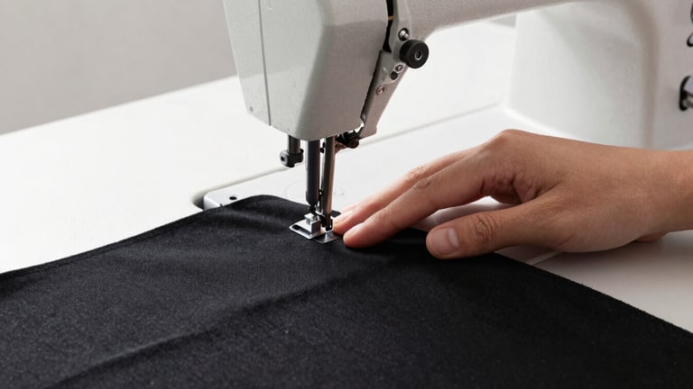 Hands of a tailor carefully guiding heavy black cotton fabric through a vintage sewing machine, soft side light, industrial workspace