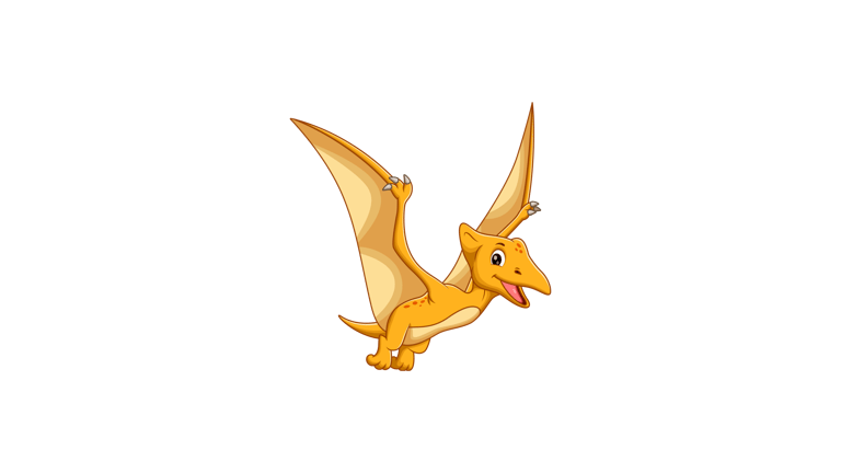 Illustrazione di un pterodattilo sorridente in stile cartone animato, utilizzata per contenuti dedicati ai bambini nella pale