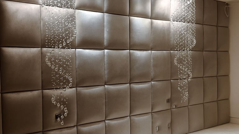 Luxurious padded wall panels with spiral crystal lighting, creating a modern, elegant interior design by Solo Home Decor.