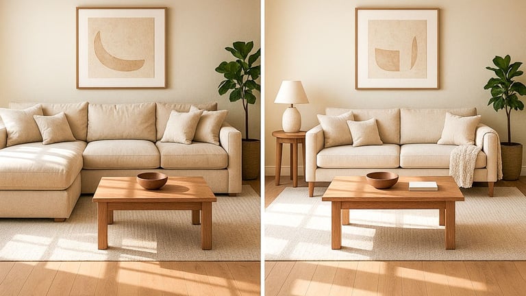 Side-by-side rooms showing oversized sectional vs. properly scaled custom couch with appropriate space around walkways.