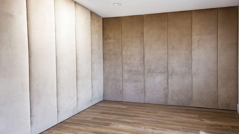 Elegant suede wall panels in neutral tones with wood flooring, custom-designed for a private theater room by Solo Home Decor.