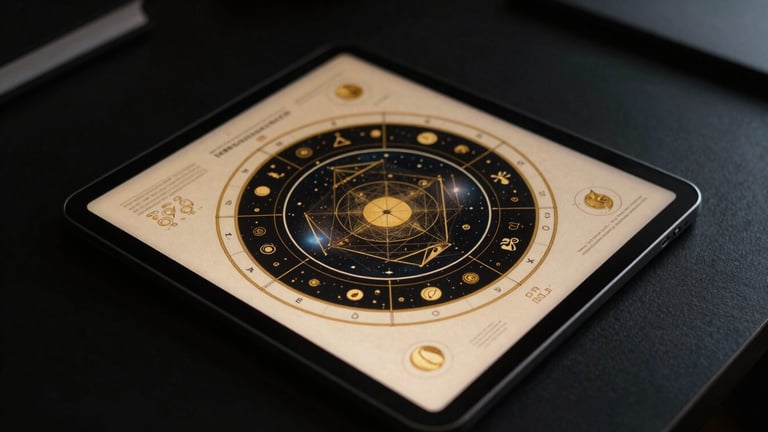 Overhead flat lay of a dark study desk, an elegant tablet displaying a highly structured geometric astrology PDF, soft golden light reflecting off textured paper with gold foil diagrams