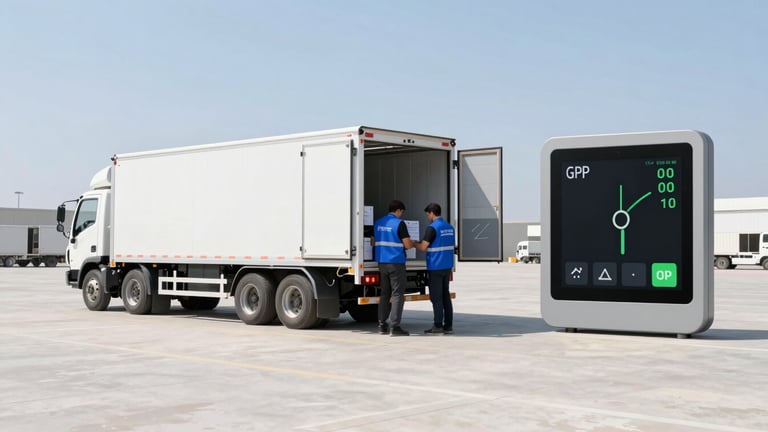 Wide panoramic view of a clean humanitarian distribution site in bright daylight, a delivery truck with open doors, volunteers in blue vests, digital GPS telemetry interface overlaid on the right third