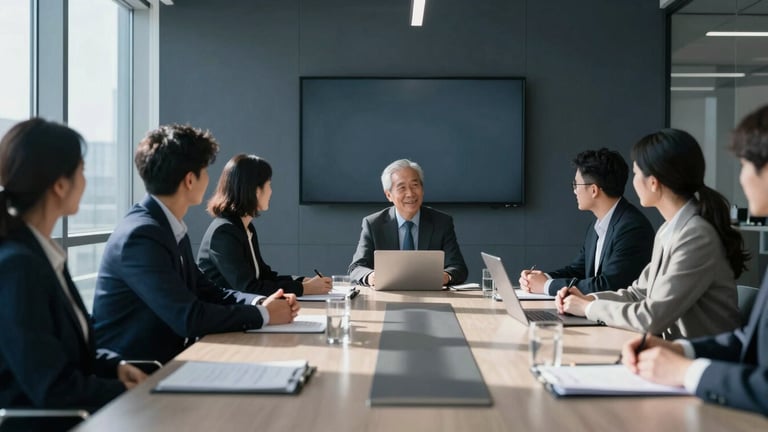 Cool daylight illuminating a modern collaborative meeting in a high-end corporate boardroom, architectural shadows, sharp focus, 35mm.