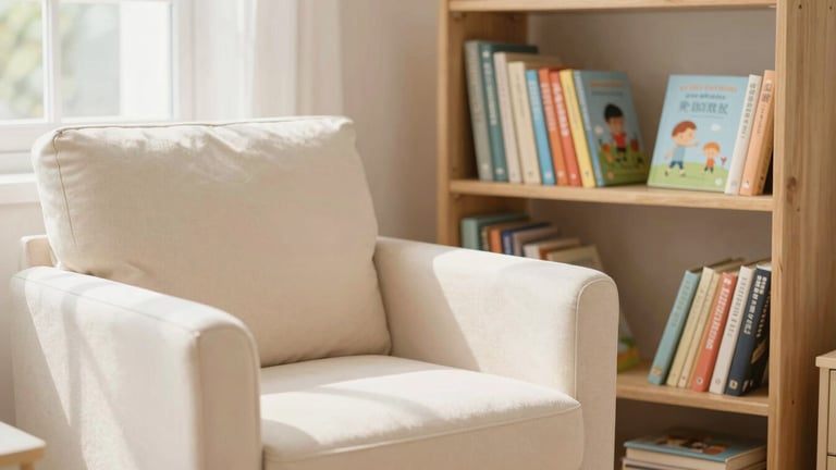 An aesthetic reading corner with a soft cream armchair, a wooden bookshelf filled with colorful children's books, soft natural light streaming through a window, warm pastel tones