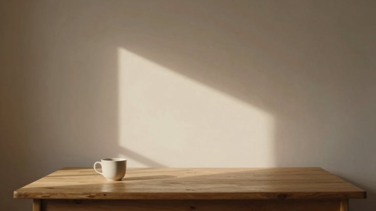 Warm side-lit empty creative studio, a wooden desk with a single ceramic cup, soft shadows on a plaster wall, minimalist 35mm photography