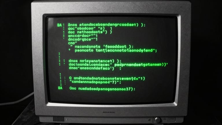 Overhead flat lay of a vintage CRT monitor displaying glowing green source code, high contrast, brutalist digital photography, harsh direct flash.