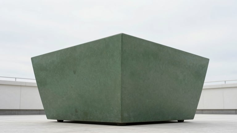 Low-angle perspective of a massive monolithic planter on a modern rooftop terrace, soft overcast sky, structural precision
