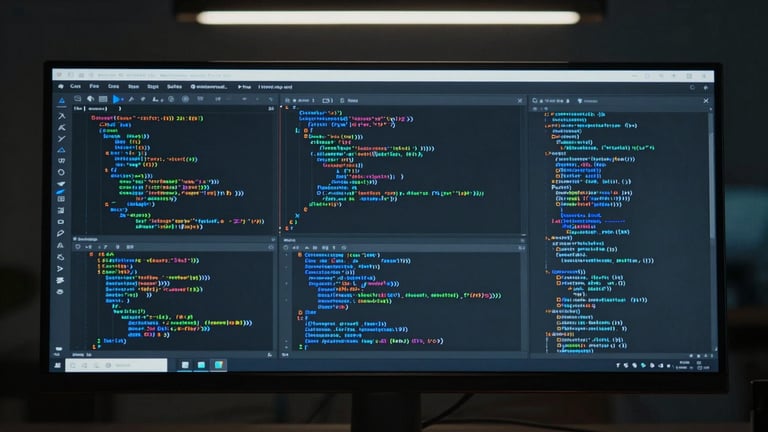 Wide shot of a dark code editor interface on a large monitor showing multiple parallel model output streams side by side, cyan and electric-blue syntax highlights, cool overhead directional light, dark studio background, no readable text, extreme precision framing