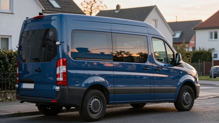 A clean, modern locksmith service vehicle parked on a quiet residential street in Bochum during golden hour, soft warm light reflecting off the vehicle's polished surface