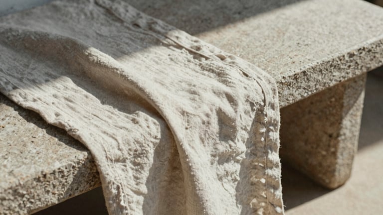 Close-up of textured raw linen fabric draped over a stone bench, harsh natural light casting deep linear shadows across the weave, 35mm film grain