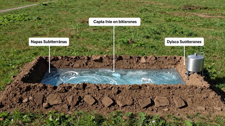 Esquema limpio de capas de tierra, mostrando napas subterráneas y el flujo de agua cristalina tratada desde un biodigestor. Luz brillante, alto contraste.