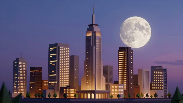 Wide Blender 3D render of a stylized futuristic cityscape at dusk — low-poly buildings with glowing windows, a large moon rising on the right, deep blue-to-purple sky gradient