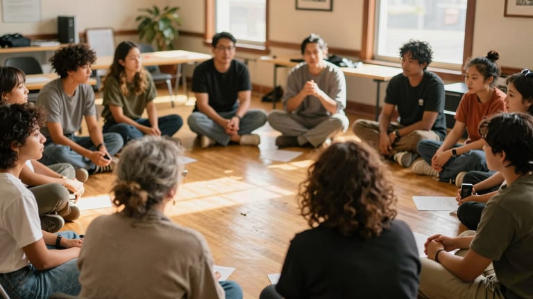 Candid photo of a lively, collaborative workshop circle in a community center in Oakland, diverse participants, warm natural light, shallow depth of field.
