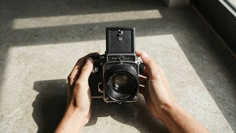 Hands holding a vintage medium-format camera, harsh direct sunlight casting deep geometric shadows on a warm concrete surface.