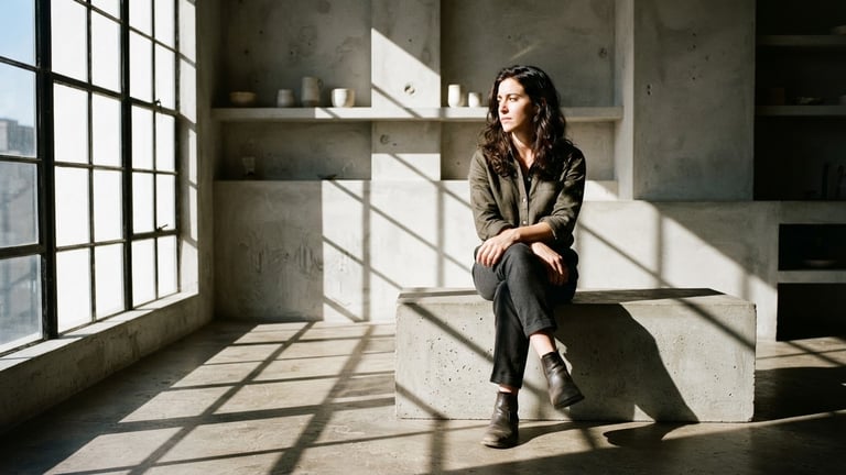 A high-contrast wide environmental portrait of a subject seated on a minimalist concrete block, harsh direct sunlight casting deep geometric shadows, muted earth tones, 35mm grain.