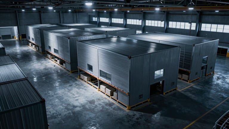 High-angle architectural shot of a massive modern logistics warehouse with sharp cool-toned artificial lighting and dramatic shadows.