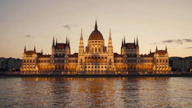 Cinematic wide shot of the Hungarian Parliament building from across the Danube river at sunset, glowing golden lights reflecting on the water, editorial 35mm look