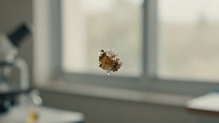 Macro photograph of active botanical compounds crystallizing under soft, natural laboratory window light, shallow depth of field, 35mm
