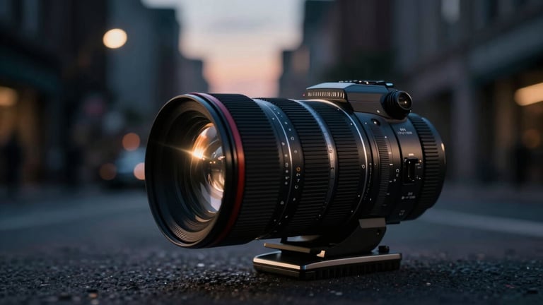 Cinematic film still, low-key lighting, anamorphic lens flare across a dark urban street at twilight, 2.39:1 aspect ratio