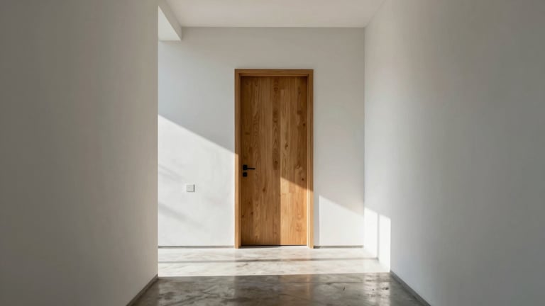 Wide shot of a minimalist hallway, natural sunlight creating sharp shadows on a polished concrete floor, a single oak door, 35mm lens.