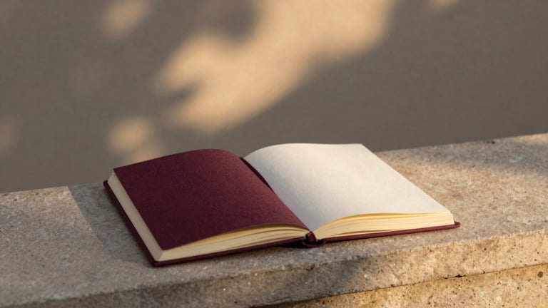 An open linen journal resting on a stone ledge, warm golden-hour light filtering through leaves, quiet textured background, minimalist 35mm photography