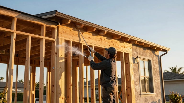 A professional technician applying clear fire-retardant treatment to the structural framing of a premium Malibu home, warm California golden-hour sunlight, clear skies.