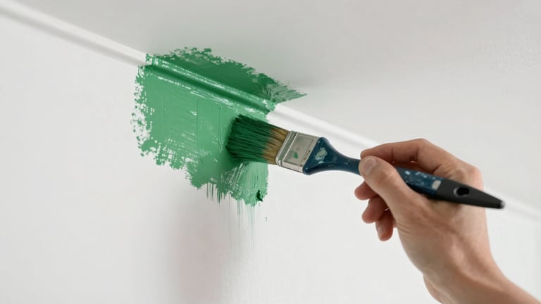 Close-up of a professional painter's hand using a brush to apply crisp pine green paint along a pristine white ceiling line, sharp focus, bright natural light