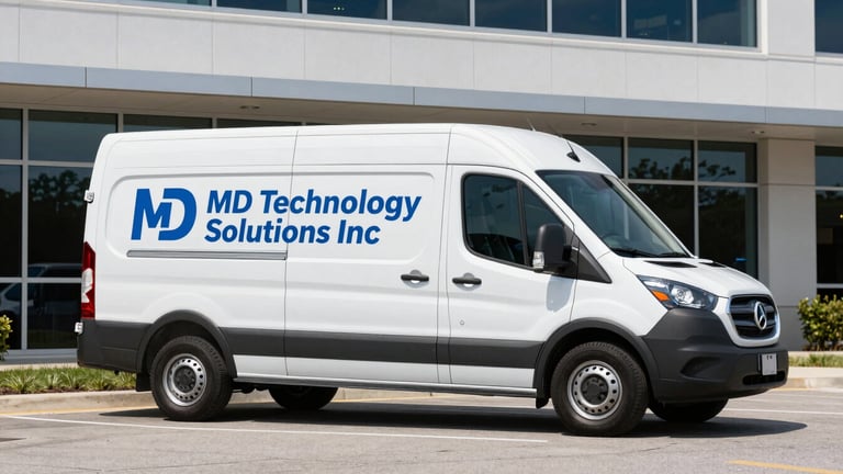 Branded MD Technology Solutions Inc service vehicle, safety-blue accents, parked in front of a modern office building in Chantilly, VA, under bright neutral daylight, clean commercial photography.