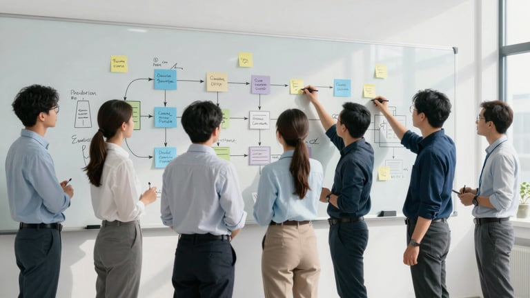 Medium shot of operations consultants and manufacturing staff gathered around a large whiteboard, actively mapping a production process with sticky notes and markers, bright natural architectural daylight, cool desaturated tones with deep navy shadows, wide-angle lens