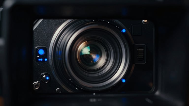 Low-key dramatic studio shot of a camera viewfinder showing a high-contrast cinematic scene, metallic silver reflections, electric blue status lights, dark cinematic photography style.