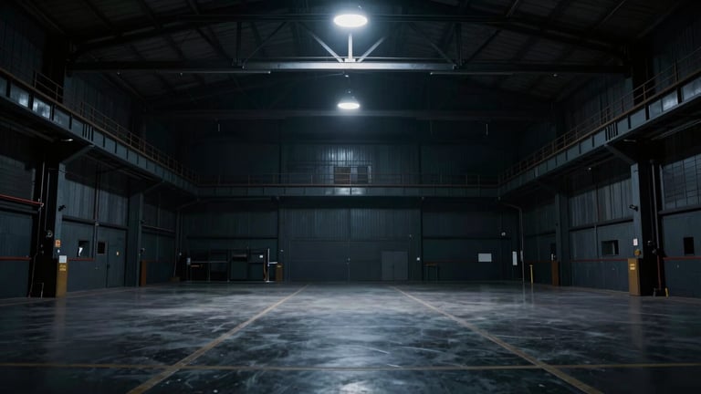 Wide panoramic shot of a cinematic production set in a low-light industrial hangar, dramatic rim lighting, cool metallic tones