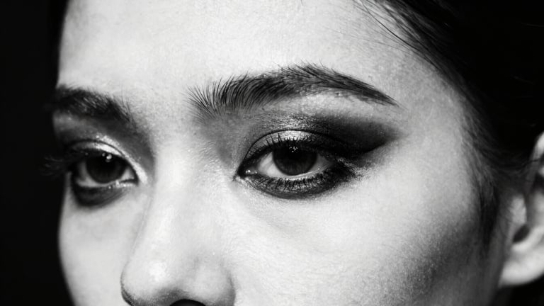 Backstage runway model, extreme close-up of eye makeup, sharp chiaroscuro lighting, deep blacks and pure whites, 35mm, high-contrast dramatic strobe lighting.