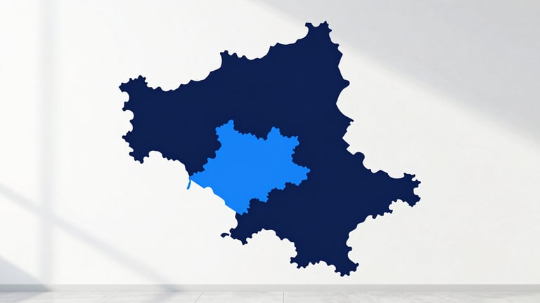 Clean minimalist graphic map of Kitchener, Ontario and Waterloo Region, styled in corporate navy blue and electric blue tones, sharp vector lines, bright daylight presentation
