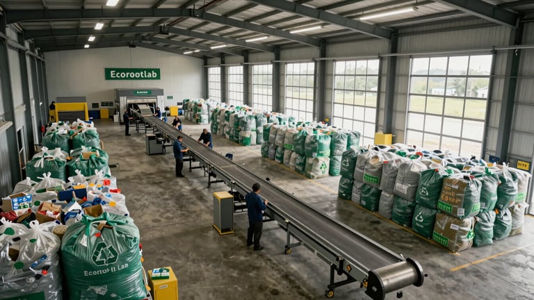 Wide panoramic facility shot: full interior of the Ecorootlab recycling facility showing the entire floor plan — intake zone on the far left with incoming plastic sacks, sorting conveyor in the center with workers positioned along it, baling area to the right with stacked output bales, natural light flooding through large bay doors on the right wall, gritty concrete floor, operational signage visible, no posed elements