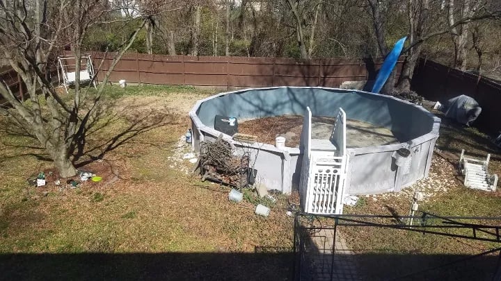 Above-ground swimming pool in a residential backyard with a wooden fence and seasonal landscaping.