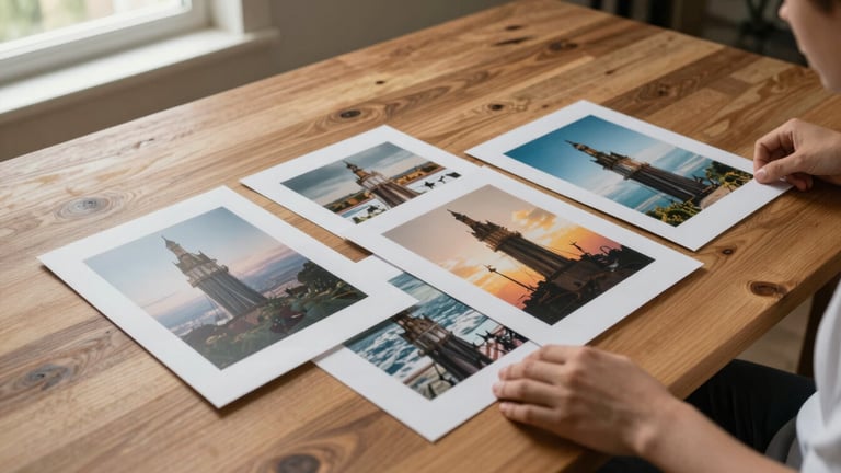 Wide studio desk shot from above — four printed art prints laid out side by side on raw wood, hands arranging them, warm daylight from a window at upper left, paper edges and ink quality clearly visible